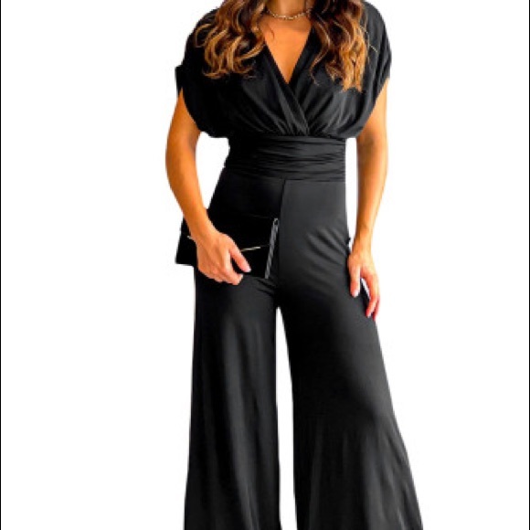 Pants - Black V-Neck Dolman Sleeves Wide Leg Jumpsuit